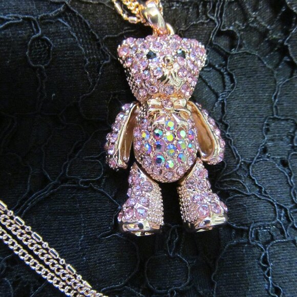 Off Park Collection Pink Crystal Rose Tone Teddy Bear Pendant w 18" Chain NEW - Picture 2 of 16